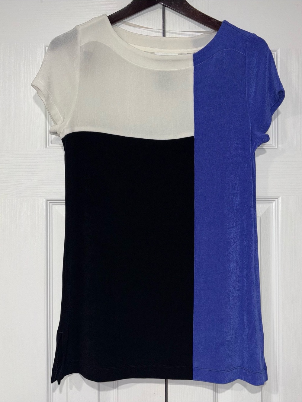 Chico's women 0/Small colorblock blue black whiteshirt boat neck vacation career